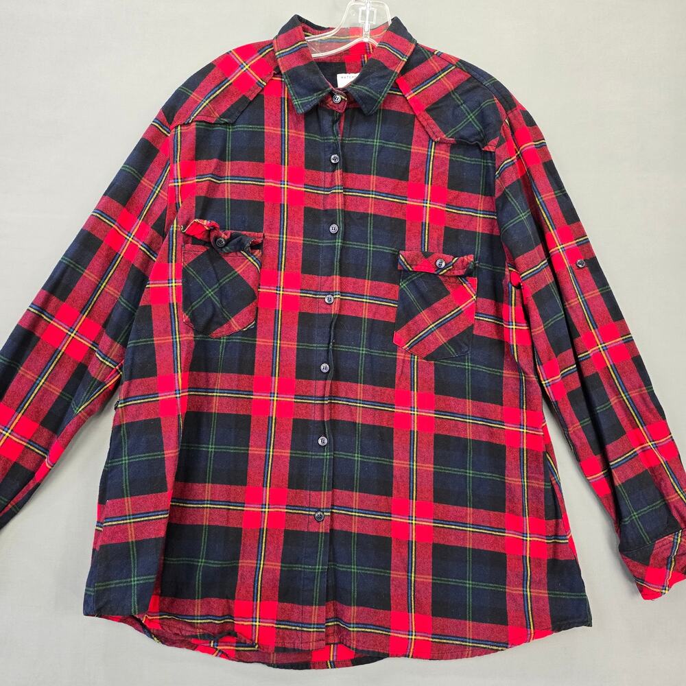 Matchstick Red Plaid Flannel Shirt Long Roll Tab Sleeves Buttons Womens Plus XXL